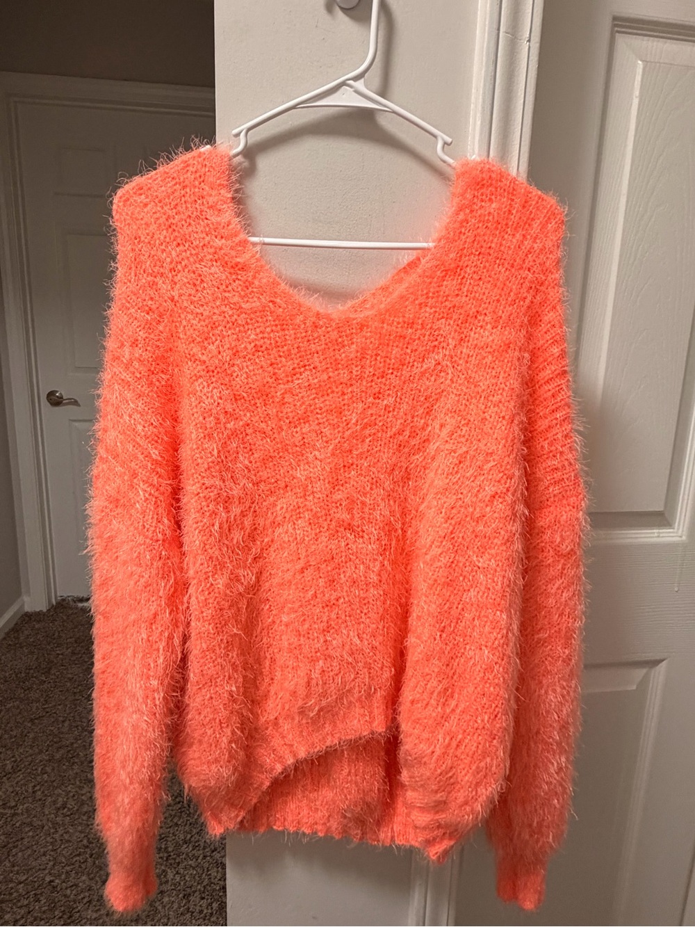 Freshman Fuzzy Scoop Neck Sweater - Neon Coral